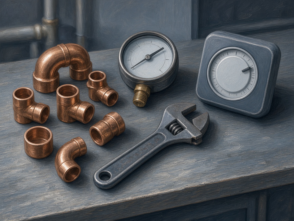 Soft illustration of plumbing and HVAC tools on a workbench